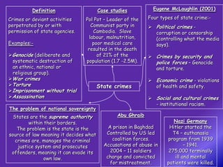 Definition                    Case studies           Eugene McLaughlin (2001)

Crimes or deviant activities    Pol Pot – Leader of the      Four types of state crime:-
perpetrated by or with             Communist party in         Political crimes -
permission of state agencies.       Cambodia. Slave            corruption or censorship
                                  labour, malnutrition,        (controlling what the media
Examples:-                          poor medical care          says).
                                 resulted in the death
Genocide (deliberate and             of 21% of the           Crimes by security and
 systematic destruction of      population (1.7 -2.5M).        police forces – Genocide
 an ethnic, national or                                        and torture.
 religious group).
War crimes                                                   Economic crime - violations
Torture                                State crimes           of health and safety.
Imprisonment without trial
Assassination                                                Social and cultural crimes
                                                               - institutional racism.
The problem of national sovereignty
  States are the supreme authority              Abu Ghraib
         within their borders.                                          Nazi Germany
    The problem is the state is the         A prison in Baghdad       Hitler started the
source of law meaning it decides what      Controlled by US led        T4 – euthanasia
   crimes are, manages the criminal           coalition forces.      program from 1939
    justice system and prosecutes         Accusations of abuse in            – 1941.
 offenders, meaning it can evade its         2004 – 11 soldiers       275,000 terminally
                own law.                   charge and convicted         ill and mental
                                             for mistreatment.       patients were killed.
 