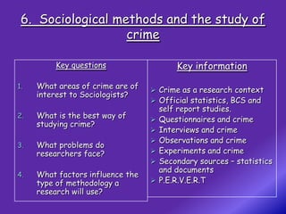 6. Sociological methods and the study of
                   crime

         Key questions                    Key information

1.   What areas of crime are of    Crime as a research context
     interest to Sociologists?
                                   Official statistics, BCS and
                                      self report studies.
2.   What is the best way of         Questionnaires and crime
     studying crime?
                                     Interviews and crime
                                     Observations and crime
3.   What problems do
     researchers face?               Experiments and crime
                                     Secondary sources – statistics
                                      and documents
4.   What factors influence the
     type of methodology a           P.E.R.V.E.R.T
     research will use?
 