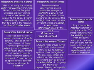 Researching Domestic Violence       Researching violent crimes
 Difficult to study due to being         Few observational
under represented in statistics.       opportunities unless a
   The act itself has few public      researcher manages to
    witnesses and many victims       infiltrate a gang. Great
     choose to not report the       danger can be posed to any
 incident to the police. Greater   researcher who explores this
                                                                      Researching corporate
   confidentiality is needed for   and high crime areas. Victims
                                                                              crime
  that take part in the research   of violent crimes are unlikely
   for fear of further abuse.              to want to be                Likely to be under-
                                     interviewed, unless by the        reported in statistics
                                               police.                and by the media. The
   Researching Criminal justice                                       crimes themselves have
                                        Crime as a
      The police maybe open to       research context                  low visibility and are
   research but aware of public                                          often difficult to
    scrutiny. Studies of senior    Researching Young offenders         investigate, they may
     officers is rare. Although                                       even go beyond national
      courts are public places,      Studying these groups maybe      borders. Perpetrators
  judges, jurors and lawyers are      be difficult to observe and        are powerful and
   often beyond study. Prisons        interview due to suspicion        organised and enjoy
      are closed environments       (police officer in disguise and     political protection.
    where researcher safety is        the age, class, gender and
    paramount. Prisoners often       ethnicity of the researcher.
    co-operate due to boredom       Researchers must be aware of
       but are no stranger to       the vulnerability of this group
             deception.                    and their use of
                                   language, literacy and cognitive
 