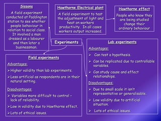 Sissons               Hawthorne Electrical plant          Hawthorne effect
   A field experiment          A field experiment to test
conducted at Paddington                                           People who know they
                               the adjustment of light and          are being studied
 station to see whether              heat on workers
   people behaviour in                                                change their
                                productivity. In all cases         ordinary behaviour
 relation to social class.      workers output increased.
    It involved a man
  dressed as a labourer
     and then later a        Experiments                     Lab experiments
      businessman.                               Advantages:
                                                  Can test a hypothesis.
              Field experiments
                                                  Can be replicated due to controllable
Advantages:                                        variables.
 Higher validity than lab experiments.           Can study cause and effect
 Less artificial as respondents are in their      relationships.
  natural setting.                               Disadvantages:
Disadvantages:                                    Due to small scale it isn’t
                                                   representative or generalisable.
 Variables more difficult to control –
 lack of reliability.                             Low validity due to artificial
                                                   situation.
 Low in validity due to Hawthorne effect.
                                                  Lots of ethical issues.
 Lots of ethical issues.
 