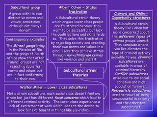 Subcultural group             Albert Cohen – Status
                                     frustration
 A group with its own                                             Cloward and Ohlin –
 distinctive norms and        A Subcultural strain theory        Opportunity structures
   values, sometimes        which argues lower class people
                                                                    A Subcultural strain
  although not always         are frustrated because they
                                                                   theory like Cohen but
        deviant.             want to be successful but lack
                                                                   more concerned about
                           the qualifications and skills to do
                                                                  the different types of
Contemporary examples       so. They solve this frustration
                                                                   crimes groups commit.
                           by rejecting society and creating
The Street gangs living                                             They conclude where
                            their own norms and values in a
 in the Favelas of Rio                                              you live dictates the
                            gang. Here they achieve status
and the gangs of South                                           type of criminal activity
                            through non-utilitarian crimes
Africa show that often                                           available to you. Criminal
                                like violence and graffiti.
criminal groups are not                                               subcultures are
  rejecting societies                                               available in areas of
 norms and values but              Subcultural strain                criminal hierarchy.
are in fact conforming                 theories                    Conflict subcultures
     to their own.                                                arise due to low social
                                                                    cohesion and high
        Walter Miller – Lower class subcultures                    population turnover.
                                                                 Retreatists subcultures
Not a strain subculture, each social class doesn’t feel any      are the result of being
strain but just has different focal concerns which lead to       unsuccessful in society
 different criminal activity. The lower class experience a         and the other two
  lack of excitement at work which leads to the desire to             subcultures.
        look for excitement in things like joy-riding.
 