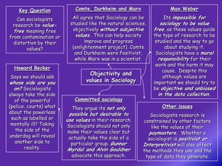 Key Question            Comte, Durkheim and Marx                  Max Weber

   Can sociologists        All agree that Sociology can be         Its impossible for
 research be value-       studied like the natural sciences,     sociology to be value
  free meaning free        objectively without subjective      free, as these values guide
from contamination or       values. This can help society      the type of research to be
  distortion by their            improve and progress           studied and the way to go
        values?            (enlightenment project). Comte           about studying it.
                            and Durkheim were Positivist,       Sociologists have a moral
                            while Marx was in a scientist.       responsibility for their
                                                                work and the harm it may
  Howard Becker
                                                                   cause. Despite this
                                  Objectivity and
Says we should ask                                                 although values are
whose side are you               values in Sociology           important we should try to
 on? Sociologists                                              be objective and unbiased
always take the side                                            in the data collection.
  of the powerful          Committed sociology
(police, courts) what     They argue its not only                 Other issues
about the powerless      possible but desirable to           Sociologists research is
 such as labelled or    use values in their research.     constrained by other factors
 mentally ill? Taking   Sociologists should not only         like the values of their
   the side of the      make their values clear but         paymasters. Whether a
underdog will reveal    actually take the side of a         sociologist is positivist or
   another side to       particular group. Gunnar         Interpretivist will also affect
       reality.         Myrdal and Alvin Gouldner         the methods they use and the
                          advocate this approach.          type of data they generate.
 