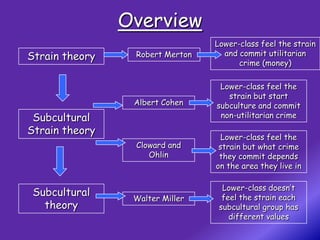 Overview
                                 Lower-class feel the strain
Strain theory    Robert Merton     and commit utilitarian
                                       crime (money)

                                  Lower-class feel the
                                    strain but start
                 Albert Cohen    subculture and commit
 Subcultural                      non-utilitarian crime
Strain theory
                                   Lower-class feel the
                 Cloward and      strain but what crime
                    Ohlin         they commit depends
                                 on the area they live in

                                   Lower-class doesn’t
 Subcultural                       feel the strain each
                 Walter Miller
   theory                         subcultural group has
                                     different values
 
