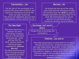 Functionalism - Yes                                Marxism – No

 Its the job of the sociologist is to            Social policies only serve the ruling
provide the state with scientific and           class. Even policies introduced to help
 objective information on which the            the working class like NHS are used to
     state can base its policies.              dampen discontent and keep them fit to
The state will implement policies that            work. Recommendations for social
help promote a fairer society for all.              policies are pointless as only a
                                                 revolution can solve social problems.

    The New Right                  Sociology and social
                                          policy
The state should have a
    minimal role when           Perspectives on sociology and
 intervening in peoples                 social policy
lives, so criticises most
  social policies. Some                          Feminism – yes and no
     policies like the
NHS, welfare benefits               The state perpetuates its subordination of women
    reduces personal                  through social policies – promoting policies like
 responsibility (Charles           marriage keeps women dependant on men. Feminists
        Murray).                   have helped promote anti-discrimination policies and
The NR promotes polices            more positive images of women since 1970;s. Radical
which increase personal              feminists support policies which separate women
 responsibility so often            from men, such as women's refuges for victims of
    favoured by the                                 domestic violence.
 