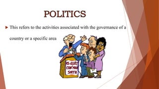  This refers to the activities associated with the governance of a
country or a specific area
 
