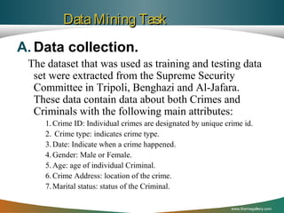 Data Mining Task
A. Data collection.
The dataset that was used as training and testing data
set were extracted from the Supreme Security
Committee in Tripoli, Benghazi and Al-Jafara.
These data contain data about both Crimes and
Criminals with the following main attributes:
1. Crime ID: Individual crimes are designated by unique crime id.
2. Crime type: indicates crime type.
3. Date: Indicate when a crime happened.
4. Gender: Male or Female.
5. Age: age of individual Criminal.
6. Crime Address: location of the crime.
7. Marital status: status of the Criminal.
www.themegallery.com

 