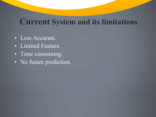 Current System and its limitations
• Less Accurate.
• Limited Feature.
• Time consuming.
• No future prediction.
 