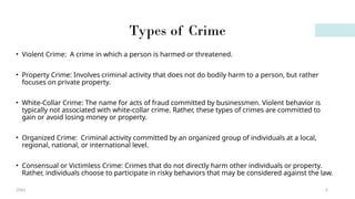 6
Types of Crime
• Violent Crime: A crime in which a person is harmed or threatened.
• Property Crime: Involves criminal activity that does not do bodily harm to a person, but rather
focuses on private property.
• White-Collar Crime: The name for acts of fraud committed by businessmen. Violent behavior is
typically not associated with white-collar crime. Rather, these types of crimes are committed to
gain or avoid losing money or property.
• Organized Crime: Criminal activity committed by an organized group of individuals at a local,
regional, national, or international level.
• Consensual or Victimless Crime: Crimes that do not directly harm other individuals or property.
Rather, individuals choose to participate in risky behaviors that may be considered against the law.
20XX
 