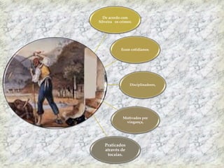 De acordo com
Silveira os crimes:
Eram cotidianos,
Disciplinadores,
Motivados por
vingança,
Praticados
através de
tocaias.
 