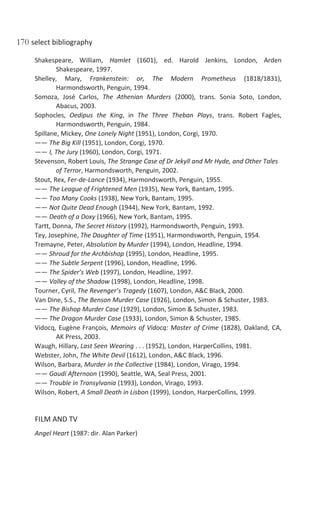 170 select bibliography
Shakespeare, William, Hamlet (1601), ed. Harold Jenkins, London, Arden
Shakespeare, 1997.
Shelley, Mary, Frankenstein: or, The Modern Prometheus (1818/1831),
Harmondsworth, Penguin, 1994.
Somoza, José Carlos, The Athenian Murders (2000), trans. Sonia Soto, London,
Abacus, 2003.
Sophocles, Oedipus the King, in The Three Theban Plays, trans. Robert Fagles,
Harmondsworth, Penguin, 1984.
Spillane, Mickey, One Lonely Night (1951), London, Corgi, 1970.
—— The Big Kill (1951), London, Corgi, 1970.
—— I, The Jury (1960), London, Corgi, 1971.
Stevenson, Robert Louis, The Strange Case of Dr Jekyll and Mr Hyde, and Other Tales
of Terror, Harmondsworth, Penguin, 2002.
Stout, Rex, Fer-de-Lance (1934), Harmondsworth, Penguin, 1955.
—— The League of Frightened Men (1935), New York, Bantam, 1995.
—— Too Many Cooks (1938), New York, Bantam, 1995.
—— Not Quite Dead Enough (1944), New York, Bantam, 1992.
—— Death of a Doxy (1966), New York, Bantam, 1995.
Tartt, Donna, The Secret History (1992), Harmondsworth, Penguin, 1993.
Tey, Josephine, The Daughter of Time (1951), Harmondsworth, Penguin, 1954.
Tremayne, Peter, Absolution by Murder (1994), London, Headline, 1994.
—— Shroud for the Archbishop (1995), London, Headline, 1995.
—— The Subtle Serpent (1996), London, Headline, 1996.
—— The Spider’s Web (1997), London, Headline, 1997.
—— Valley of the Shadow (1998), London, Headline, 1998.
Tourner, Cyril, The Revenger’s Tragedy (1607), London, A&C Black, 2000.
Van Dine, S.S., The Benson Murder Case (1926), London, Simon & Schuster, 1983.
—— The Bishop Murder Case (1929), London, Simon & Schuster, 1983.
—— The Dragon Murder Case (1933), London, Simon & Schuster, 1985.
Vidocq, Eugène François, Memoirs of Vidocq: Master of Crime (1828), Oakland, CA,
AK Press, 2003.
Waugh, Hillary, Last Seen Wearing . . . (1952), London, HarperCollins, 1981.
Webster, John, The White Devil (1612), London, A&C Black, 1996.
Wilson, Barbara, Murder in the Collective (1984), London, Virago, 1994.
—— Gaudí Afternoon (1990), Seattle, WA, Seal Press, 2001.
—— Trouble in Transylvania (1993), London, Virago, 1993.
Wilson, Robert, A Small Death in Lisbon (1999), London, HarperCollins, 1999.
FILM AND TV
Angel Heart (1987: dir. Alan Parker)
 