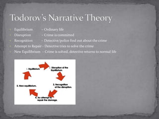  Equilibrium – Ordinary life 
 Disruption – Crime is committed 
 Recognition – Detective/police find out about the crime 
 Attempt to Repair - Detective tries to solve the crime 
 New Equilibrium – Crime is solved, detective returns to normal life 
 