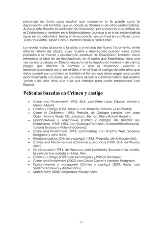 10
personaje de Sonia para mostrar que solamente la fe puede curar la
depravación del hombre, que es donde se diferencia de otros existencialistas.
Aunque esta filosofía es particular de Dostoievski, por el mencionado énfasis en
el Cristianismo y también en el Existencialismo (aunque si es o no existencialista
sigue siendo debatido), temas similares pueden encontrase en escritores como
Jean Paul Sartre, Albert Camus, Herman Hesse o Franz Kafka.
La novela realiza alusiones a la biblia o a historias del Nuevo Testamento, entre
ellas la historia de Lázaro, cuya muerte y resurrección pueden verse como
paralelas a la muerte y resurrección espiritual de Raskólnikov. También hace
referencia al Libro de las Revelaciones, en el sueño que Raskólnikov tiene una
vez ya encarcelado en Siberia, respecto de la desolación terrenal y de ciertas
plagas que afectan al hombre y que lo trasforman violenta y
desordenadamente en un ser nihilista. Y en el final, el castigo de siete años que
debe cumplir por su crimen, es también el tiempo que debe pagar para poder
estar finalmente con Sonia, en una clara alusión a la historia bíblica del israelita
Jacob y los siete años que tuvo que trabajar para poder emparejarse con
Raquel.
Películas basadas en Crimen y castigo
Crime and Punishment (1935, EUA, con Peter Lorre, Edward Arnold y
Marian Marsh).
Crimen y castigo (1951, México, con Roberto Cañedo y Lilia Prado);
Crime et Châtiment (1956, Francia, de Georges Lampin, con Jean
Gabin, Marina Vlady, Ulla Jakobson, Bernard Blier y Robert Hossein)
Преступление и наказание (Crimen y castigo) del director Lev
Kulidzhánov (1969, URSS, con GueorguiTaratorkin, InnokentiSmoktunovski,
Tatiana Bedova y ViktoriaFiódorova);
Crime and Punishment (1979, cortometraje con Timothy West, Vanessa
Redgrave y John Hurt);
Rikosjarangaistus (Crimen y castigo) (1983, Finlandia, de AkiKaurismäki);
Crimes and Misdemeanors (Crimenes y pecados) (1989, EUA, de Woody
Allen);
Sin compasión (1994, de Francisco José Lombardi). Basada en la novela,
la película fue rodada en Lima, Perú.
Crimen y castigo (1998) con Ben Kingsley y Patrick Dempsey.
Crime and Punishment (2002) con Crispin Glover y Vanessa Redgrave.
Преступление и наказание (Crimen y castigo) (2007, Rusia, con
Vladímir Koshevói y AndréiPanin).
Match Point (2005) dirigidapor Woody Allen.
 