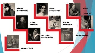 Rodion
Raskolnikov

Sonia

Dunia
Romanovich

Catalina

Porfiri
Petrovich

Elena
Ivanovna

Pulkeria
Raskolnikov

Marmeladov

Svidiragoilov

 