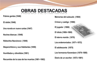 Pobres gentes (1846)                              Memorias del subsuelo (1864)

El doble (1846)                                   Crimen y castigo (1866)

                                                  El jugador (1866)
Una novela en nueve cartas (1847)
                                                  El idiota (1868–1869)
Noches blancas (1848)
                                                  El eterno marido (1870)
Niétochka Nezvánova (1849)
                                                  Los endemoniados (1871–1872)

Stepanchikovo y sus Habitantes (1859)             El adolescente (1875)

Humillados y ofendidos (1861)                     Los hermanos Karamázov (1879–1880)

                                                  Diario de un escritor (1873–1881)
Recuerdos de la casa de los muertos (1861–1862)
 