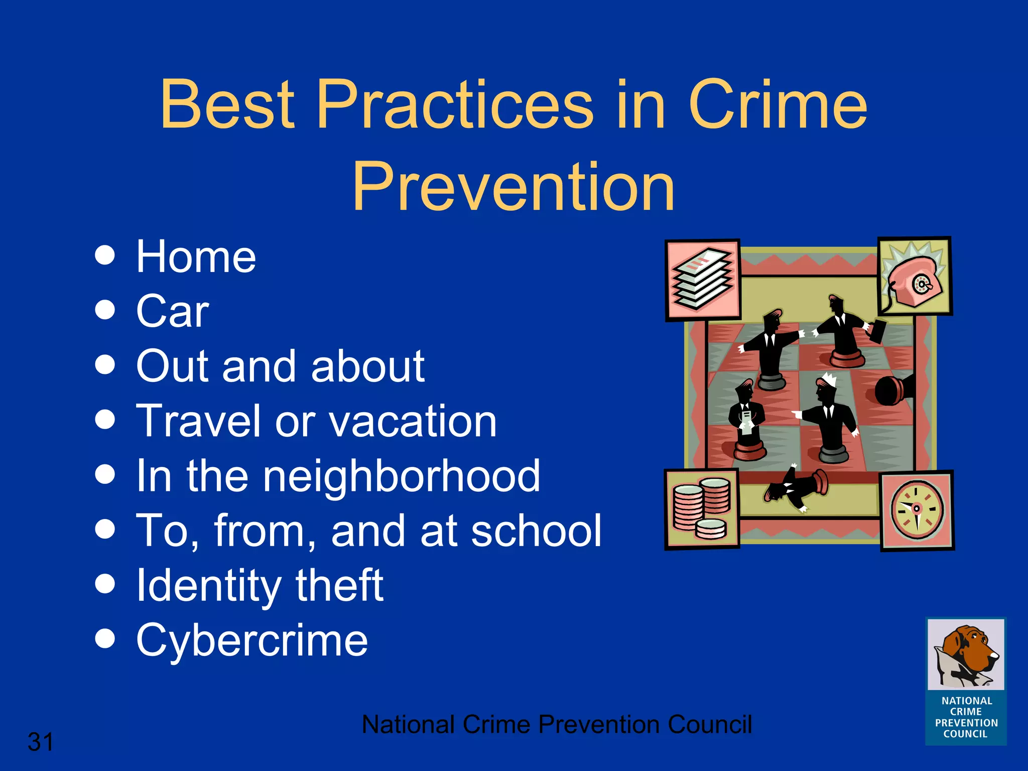National Crime Prevention Council
31
Best Practices in Crime
Prevention
● Home
● Car
● Out and about
● Travel or vacation
● In the neighborhood
● To, from, and at school
● Identity theft
● Cybercrime
 