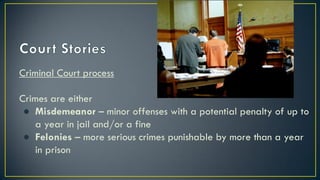 Criminal Court process
Crimes are either
● Misdemeanor – minor offenses with a potential penalty of up to
a year in jail and/or a fine
● Felonies – more serious crimes punishable by more than a year
in prison
 