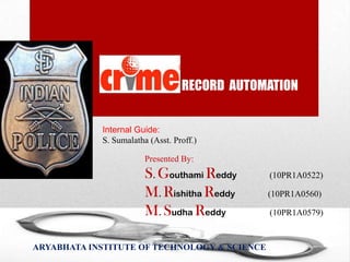 RECORD AUTOMATION

Internal Guide:
S. Sumalatha (Asst. Proff.)
Presented By:

S. Gouthami Reddy
M. Rishitha Reddy
M. Sudha Reddy
ARYABHATA INSTITUTE OF TECHNOLOGY & SCIENCE

(10PR1A0522)
(10PR1A0560)

(10PR1A0579)

 