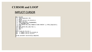 CURSOR and LOOP
IMPLICIT CURSOR
 