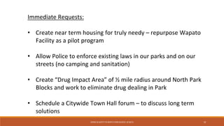 CRIME & SAFETY IN NORTH PARK BLOCKS 8/18/15
Immediate Requests:
• Create near term housing for truly needy – repurpose Wap...