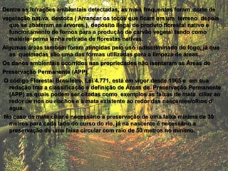 Dentre as infrações ambientais detectadas, as mais frequentes foram corte de
vegetação nativa, destoca ( Arrancar os tocos que ficam em um terreno depois
que se abateram as árvores.), depósito ilegal de produto florestal nativo e
funcionamento de fornos para a produção de carvão vegetal tendo como
matéria prima lenha retirada de florestas nativas.
Algumas áreas também foram atingidas pelo uso indiscriminado do fogo, já que
as queimadas são uma das formas utilizadas para a limpeza de áreas.

Os danos ambientais ocorridos nas propriedades não isentaram as Áreas de
Preservação Permanente (APP).
O código Florestal Brasileiro, Lei 4.771, está em vigor desde 1965 e em sua
redação traz a classificação e definição de Áreas de Preservação Permanente
(APP) as quais podem ser citadas como exemplos as faixas de mata ciliar ao
redor de rios ou riachos e a mata existente ao redor das nascentes/olhos d’
água.
No caso da mata ciliar é necessário a preservação de uma faixa mínima de 30
metros para cada lado do curso do rio, já na nascente é necessário a
preservação de uma faixa circular com raio de 50 metros no mínimo.

 