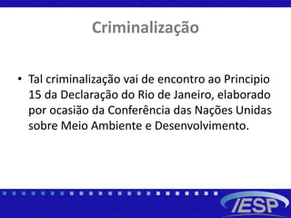 Criminalização
• Tal criminalização vai de encontro ao Principio
15 da Declaração do Rio de Janeiro, elaborado
por ocasião da Conferência das Nações Unidas
sobre Meio Ambiente e Desenvolvimento.
 