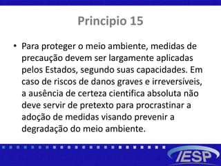 Principio 15
• Para proteger o meio ambiente, medidas de
precaução devem ser largamente aplicadas
pelos Estados, segundo suas capacidades. Em
caso de riscos de danos graves e irreversíveis,
a ausência de certeza cientifica absoluta não
deve servir de pretexto para procrastinar a
adoção de medidas visando prevenir a
degradação do meio ambiente.
 