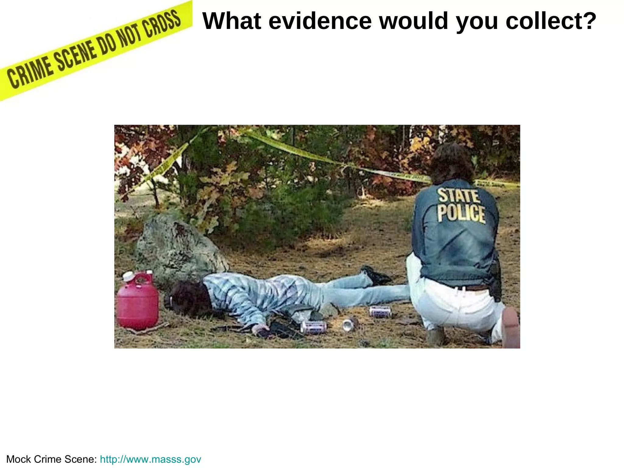 Mock Crime Scene:  http://www.masss.gov What evidence would you collect?  