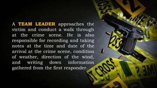 A TEAM LEADER approaches the
victim and conduct a walk through
at the crime scene. He is also
responsible for recording and taking
notes at the time and date of the
arrival at the crime scene, condition
of weather, direction of the wind,
and writing down information
gathered from the first responder.
 