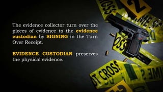 The evidence collector turn over the
pieces of evidence to the evidence
custodian by SIGNING in the Turn
Over Receipt.
EVIDENCE CUSTODIAN preserves
the physical evidence.
 