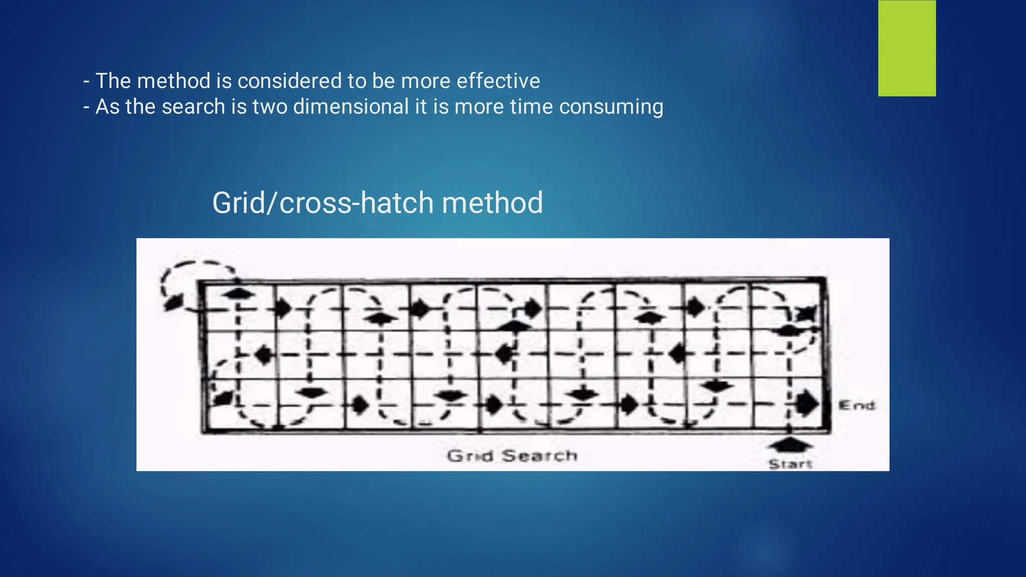 - The method is considered to be more effective
- As the search is two dimensional it is more time consuming
Grid/cross-hatch method
 