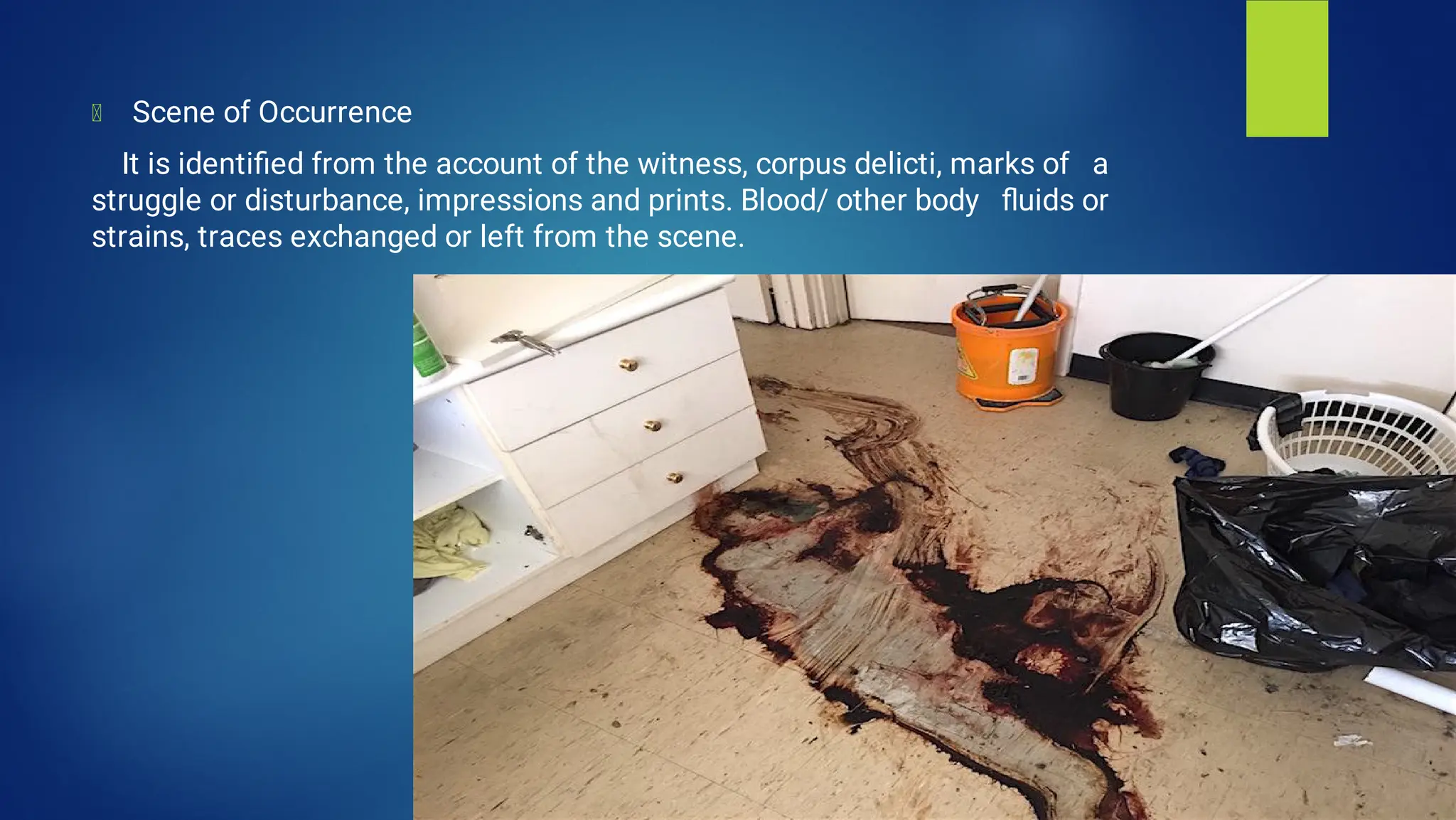 Scene of Occurrence
It is identiﬁed from the account of the witness, corpus delicti, marks of a
struggle or disturbance, impressions and prints. Blood/ other body ﬂuids or
strains, traces exchanged or left from the scene.
 