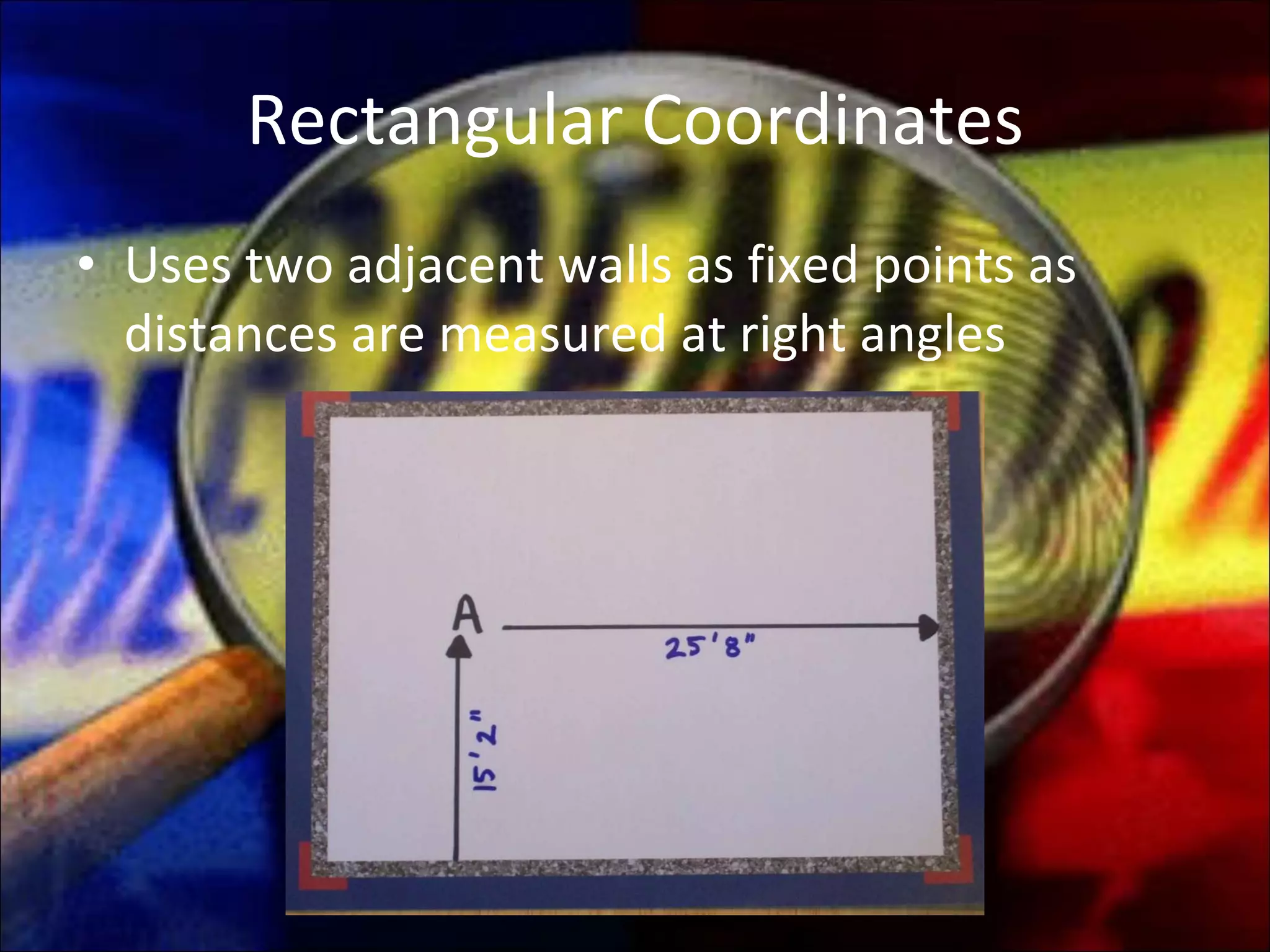 Rectangular Coordinates Uses two adjacent walls as fixed points as distances are measured at right angles 