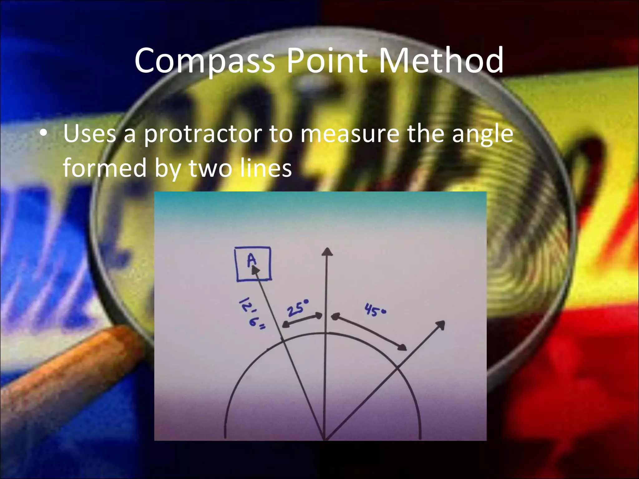 Compass Point Method Uses a protractor to measure the angle formed by two lines 
