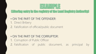 1. Direct Bribery
2. Falsification of official/public document
1. Corruption of Public Officer
2. Falsification of public document, as principal by
 