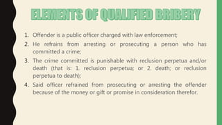 1. Offender is a public officer charged with law enforcement;
2. He refrains from arresting or prosecuting a person who has
committed a crime;
3. The crime committed is punishable with reclusion perpetua and/or
death (that is: 1. reclusion perpetua; or 2. death; or reclusion
perpetua to death);
4. Said officer refrained from prosecuting or arresting the offender
because of the money or gift or promise in consideration therefor.
 