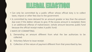 • Can only be committed by a public officer whose official duty is to collect
taxes, impost or other fees due to the government.
• Is committed by mere demand for an amount greater or less than the amount
due even if the debtor refuses to give. If the excess amount is receipted, there
is an additional offense of malvervesion. (whole amount becomes public fund
because the official receipt makes it public fund)
3 WAYS OF COMMITTING:
1. Demanding an amount different from what the law authorizes to be
collected.
2. Voluntary failure to issue receipt.
3. Collection of the nature of payment different from that prescribed by law.
 