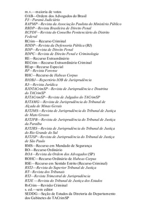 m.v.—maioria de votos
OAB—Ordem dos Advogados do Brasil
PJ—Paraná Judiciário
RAPMP—Revista da Associação Paulista do Ministério Público
RBDP—Revista Brasileira de Direito Penal
RCPDF—Revista do Conselho Penitenciário do Distrito
Federal
RCrim—Recurso Criminal
RDDP—Revista da Defensoria Pública (RJ)
RDP—Revista de Direito Penal
RDPC—Revista de Direito Penal e Criminologia
RE—Recurso Extraordinário
RECrim—Recurso Extraordinário Criminal
REsp—Recurso Especial
RF—Revista Forense
RHC—Recurso de Habeas Corpus
RIOBJ—Repertório IOB de Jurisprudência
RJ—Revista Jurídica
RJDTACrimSP—Revista de Jurisprudência e Doutrina
do TACrimSP
RJTACrimSP—Revista de Julgados do TACrimSP
RJTAMG—Revista de Jurisprudência do Tribunal de
Alçada de Minas Gerais
RJTJMS—Revista de Jurisprudência do Tribunal de Justiça
de Mato Grosso
RJTJPB—Revista de Jurisprudência do Tribunal de Justiça
da Paraíba
RJTJRS—Revista de Jurisprudência do Tribunal de Justiça
do Rio Grande do Sul
RJTJSP—Revista de Jurisprudência do Tribunal de Justiça
de São Paulo
RMS—Recurso em Mandado de Segurança
RO—Recurso Ordinário
ROA—Revista da Ordem dos Advogados (SP)
ROHC—Recurso Ordinário de Habeas Corpus
RSE—Recurso em Sentido Estrito (Recurso Criminal)
RSTJ—Revista do Superior Tribunal de Justiça
RT—Revista dos Tribunais
RTJ—Revista Trimestral de Jurisprudência
RTJE —Revista do Tribunal de Justiça dos Estados
RvCrim—Revisão Criminal
s. ed.—sem editor
SEDDG—Seção de Estudos da Diretoria do Departamento
dos Gabinetes do TACrimSP
 