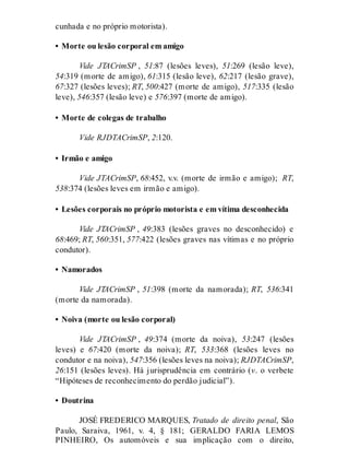 cunhada e no próprio motorista).
• Morte ou lesão corporal em amigo
Vide JTACrimSP , 51:87 (lesões leves), 51:269 (lesão leve),
54:319 (morte de amigo), 61:315 (lesão leve), 62:217 (lesão grave),
67:327 (lesões leves); RT, 500:427 (morte de amigo), 517:335 (lesão
leve), 546:357 (lesão leve) e 576:397 (morte de amigo).
• Morte de colegas de trabalho
Vide RJDTACrimSP, 2:120.
• Irmão e amigo
Vide JTACrimSP, 68:452, v.v. (morte de irmão e amigo); RT,
538:374 (lesões leves em irmão e amigo).
• Lesões corporais no próprio motorista e em vítima desconhecida
Vide JTACrimSP , 49:383 (lesões graves no desconhecido) e
68:469; RT, 560:351, 577:422 (lesões graves nas vítimas e no próprio
condutor).
• Namorados
Vide JTACrimSP , 51:398 (morte da namorada); RT, 536:341
(morte da namorada).
• Noiva (morte ou lesão corporal)
Vide JTACrimSP , 49:374 (morte da noiva), 53:247 (lesões
leves) e 67:420 (morte da noiva); RT, 533:368 (lesões leves no
condutor e na noiva), 547:356 (lesões leves na noiva); RJDTACrimSP,
26:151 (lesões leves). Há jurisprudência em contrário (v. o verbete
“Hipóteses de reconhecimento do perdão judicial”).
• Doutrina
JOSÉ FREDERICO MARQUES, Tratado de direito penal, São
Paulo, Saraiva, 1961, v. 4, § 181; GERALDO FARIA LEMOS
PINHEIRO, Os automóveis e sua implicação com o direito,
 