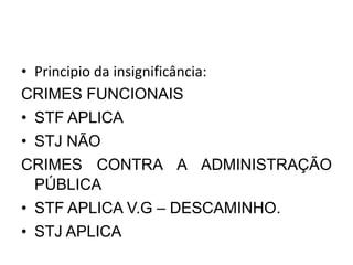 • Principio da insignificância:
CRIMES FUNCIONAIS
• STF APLICA
• STJ NÃO
CRIMES CONTRA A ADMINISTRAÇÃO
PÚBLICA
• STF APLICA V.G – DESCAMINHO.
• STJ APLICA
 