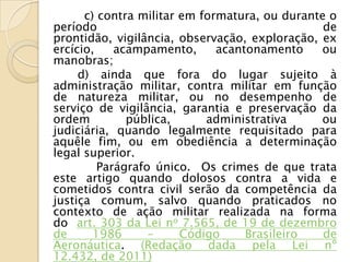 c) contra militar em formatura, ou durante o
período                                         de
prontidão, vigilância, observação, exploração, ex
ercício,    acampamento,      acantonamento    ou
manobras;
     d) ainda que fora do lugar sujeito à
administração militar, contra militar em função
de natureza militar, ou no desempenho de
serviço de vigilância, garantia e preservação da
ordem         pública,      administrativa     ou
judiciária, quando legalmente requisitado para
aquêle fim, ou em obediência a determinação
legal superior.
         Parágrafo único. Os crimes de que trata
este artigo quando dolosos contra a vida e
cometidos contra civil serão da competência da
justiça comum, salvo quando praticados no
contexto de ação militar realizada na forma
do art. 303 da Lei no 7.565, de 19 de dezembro
de      1986      -     Código     Brasileiro   de
Aeronáutica. (Redação dada pela Lei nº
12.432, de 2011)
 