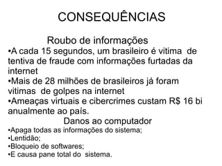CONSEQUÊNCIAS 
Roubo de informações 
●A cada 15 segundos, um brasileiro é vitima de 
tentiva de fraude com informações furtadas da 
internet 
●Mais de 28 milhões de brasileiros já foram 
vitimas de golpes na internet 
●Ameaças virtuais e cibercrimes custam R$ 16 bi 
anualmente ao país. 
Danos ao computador 
●Apaga todas as informações do sistema; 
●Lentidão; 
●Bloqueio de softwares; 
●E causa pane total do sistema. 
