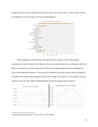 average time these crimes took place across all four wards were between 1 p.m. - 2 p.m., which will also
be included in security coverage in the final recommendations .
5
When graphing ten-year historical crime data in the city, there is a clear weather pattern
associated with crime. In January and February, crime tends to be relatively low, accelerating in April and
May to a July peak. From July through the end of the year, the graph slopes downward indicating less
crime as the temperature decreases. This proves to be a benefit to your firm as fewer security guards will
be needed in the colder months. Perhaps seasonal staff can help in the summer for a discounted “seasonal
employee” type rate. The weather relationship holds true for our biggest concern, Ward 27.
5
​summarize admithour if Ward==[1,2,3,4] | Year >=2013 (Stata)
5
 