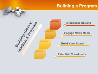 Building a Program Establish Coordinator  Build Your Board Building Blocks: Starting A Program  Engage News Media  Broadcast Tip Line  