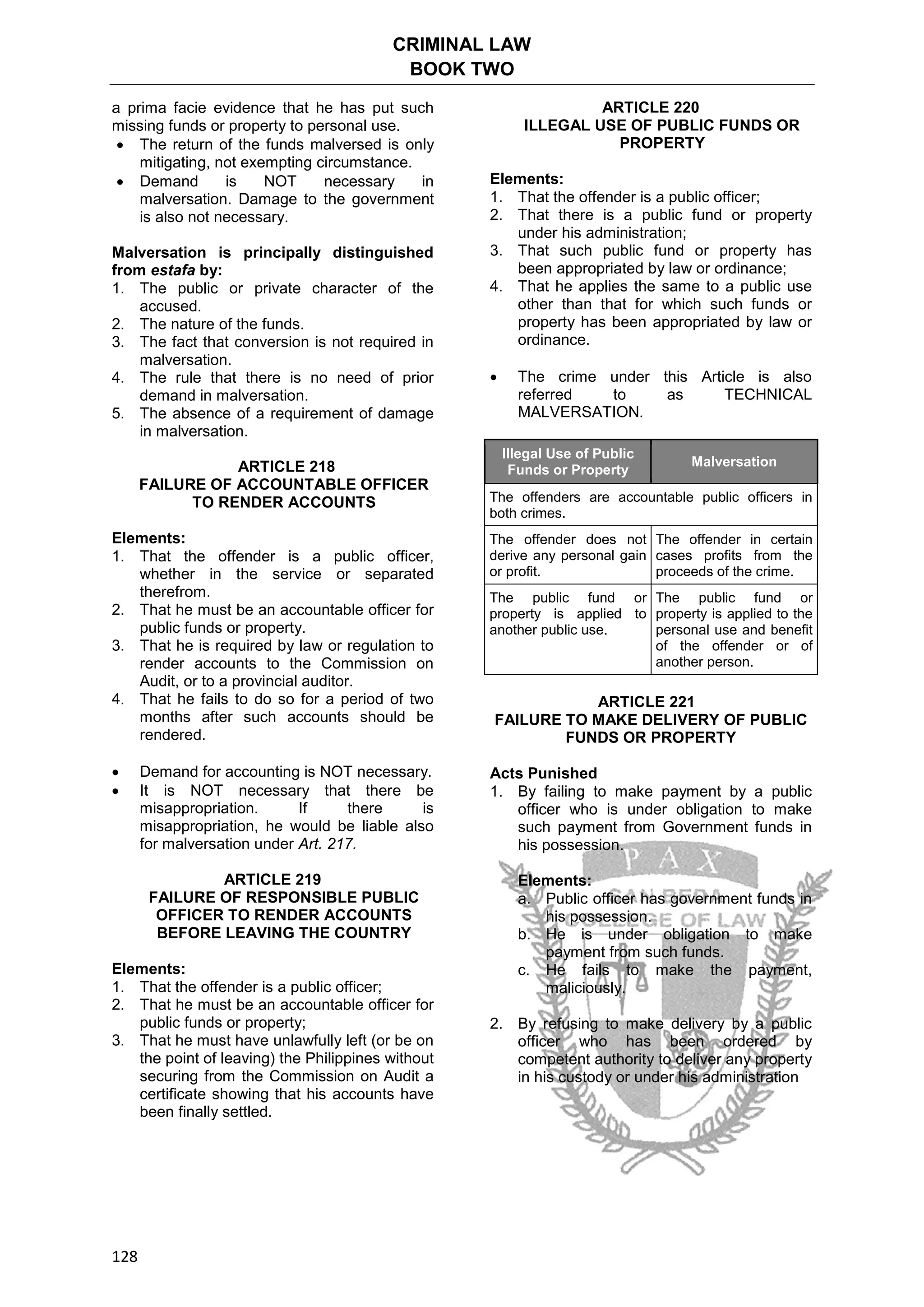 CRIMINAL LAW
BOOK TWO
128
a prima facie evidence that he has put such
missing funds or property to personal use.
 The return of the funds malversed is only
mitigating, not exempting circumstance.
 Demand is NOT necessary in
malversation. Damage to the government
is also not necessary.
Malversation is principally distinguished
from estafa by:
1. The public or private character of the
accused.
2. The nature of the funds.
3. The fact that conversion is not required in
malversation.
4. The rule that there is no need of prior
demand in malversation.
5. The absence of a requirement of damage
in malversation.
ARTICLE 218
FAILURE OF ACCOUNTABLE OFFICER
TO RENDER ACCOUNTS
Elements:
1. That the offender is a public officer,
whether in the service or separated
therefrom.
2. That he must be an accountable officer for
public funds or property.
3. That he is required by law or regulation to
render accounts to the Commission on
Audit, or to a provincial auditor.
4. That he fails to do so for a period of two
months after such accounts should be
rendered.
 Demand for accounting is NOT necessary.
 It is NOT necessary that there be
misappropriation. If there is
misappropriation, he would be liable also
for malversation under Art. 217.
ARTICLE 219
FAILURE OF RESPONSIBLE PUBLIC
OFFICER TO RENDER ACCOUNTS
BEFORE LEAVING THE COUNTRY
Elements:
1. That the offender is a public officer;
2. That he must be an accountable officer for
public funds or property;
3. That he must have unlawfully left (or be on
the point of leaving) the Philippines without
securing from the Commission on Audit a
certificate showing that his accounts have
been finally settled.
ARTICLE 220
ILLEGAL USE OF PUBLIC FUNDS OR
PROPERTY
Elements:
1. That the offender is a public officer;
2. That there is a public fund or property
under his administration;
3. That such public fund or property has
been appropriated by law or ordinance;
4. That he applies the same to a public use
other than that for which such funds or
property has been appropriated by law or
ordinance.
 The crime under this Article is also
referred to as TECHNICAL
MALVERSATION.
Illegal Use of Public
Funds or Property
Malversation
The offenders are accountable public officers in
both crimes.
The offender does not
derive any personal gain
or profit.
The offender in certain
cases profits from the
proceeds of the crime.
The public fund or
property is applied to
another public use.
The public fund or
property is applied to the
personal use and benefit
of the offender or of
another person.
ARTICLE 221
FAILURE TO MAKE DELIVERY OF PUBLIC
FUNDS OR PROPERTY
Acts Punished
1. By failing to make payment by a public
officer who is under obligation to make
such payment from Government funds in
his possession.
Elements:
a. Public officer has government funds in
his possession.
b. He is under obligation to make
payment from such funds.
c. He fails to make the payment,
maliciously.
2. By refusing to make delivery by a public
officer who has been ordered by
competent authority to deliver any property
in his custody or under his administration
 