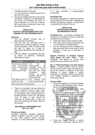 San Beda College of Law
2011 CENTRALIZED BAR OPERATIONS
183
unfulfilled promise of marriage.
 It is not required in simple seduction that
the victim be a virgin.
 The gist of qualified seduction is the abuse
of authority, confidence, or relationship as
the means of committing the crime. In
simple seduction, it is the use of deceit.
But in both kinds of seduction, there must
be sexual intercourse.
ARTICLE 339
ACTS OF LASCIVIOUSNESS WITH THE
CONSENT OF THE OFFENDED PARTY
Elements:
1. That the offender commits acts of
lasciviousness or lewdness;
2. That the acts are committed upon a
woman who is a virgin or single or a widow
of good reputation, under 18 years of age
but over 12 years, or a sister or
descendant regardless of her reputation or
age;
3. That the offender accomplishes the acts
by abuse of authority, confidence,
relationship or deceit.
Art. 336 Art. 339
The acts are committed
under circumstances
which, had there been
carnal knowledge,
would amount to rape
The acts of
lasciviousness are
committed under the
circumstances which,
had there been carnal
knowledge, would
amount to either
qualified seduction or
simple seduction
The offended party is a
female or a male
The offended party
should only be female
Both treat of acts of lasciviousness
 There is an oversight in the law where the
victim is exactly 12 years of age. If the
victim is below 12, the crime will be rape,
or unconsented acts of lasciviousness or
forcible abduction. Hence Art. 339 stating
“over 12 years of age” should be
construed as twelve years of age and
over, thus construing the doubt in favor of
the accused.
ANTI-SEXUAL HARRASMENT ACT
(R.A. No. 7877)
Persons penalized:
Employer, employee, manager, supervisor,
teacher, professor, instructor, coach, trainor,
or any other person having authority,
influence, or moral ascendancy over another
in a work, education or training-related
environment.
Prohibited acts:
Demanding, requesting, or otherwise requiring
any sexual favor from the other, regardless of
whether the demand, request, or requirement
is accepted by the object of the act.
ARTICLE 340
CORRUPTION OF MINORS
(AS AMENDED BY BP 92)
Prohibited acts – to promote or facilitate the
prostitution or corruption of persons under age
to satisfy the lust of another.
 Under age means under 18 years of age.
 The victim must be of good reputation and
not a prostitute or corrupted person.
 It is not necessary that the unchaste acts
shall have been done since what is being
punished is mere act of promotion or
facilitation.
Special Protection of Children Against
Child Abuse Act (R.A. 7610) – Child
prostitution and attempt to commit child
prostitution are punished under this Act.
Sec. 5. Child Prostitution and other Sexual
Abuse – Children whether male or female,
who for money, profit or other consideration or
due to the coercion or influence of any adult
syndicate or group, indulge in sexual
intercourse or lascivious conduct are deemed
to be children exploited in prostitution and
other sexual abuse.
Persons liable:
1. Those who engage in or promote, facilitate
or induce child prostitution which include,
but are not limited to the following:
a. Acting as a procurer of a child
prostitute;
b. Inducing a person to be a client of a
child prostitute by means of written or
oral advertisements or other similar
means;
c. Taking advantage of influence or
relationship to procure a child as a
prostitute;
d. Threatening or using violence towards
a child to engage him/her as a
prostitute;
e. Giving monetary consideration, goods
or other pecuniary benefit to a child
with the intent to engage such child in
prostitution.
2. Those who commit the act of sexual
intercourse or lascivious conduct with a
 