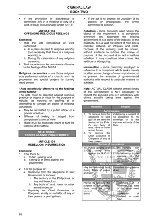 CRIMINAL LAW
BOOK TWO
86
 If the prohibition or disturbance is
committed only in a meeting or rally of a
sect, it would be punishable under Art.131.
ARTICLE 133
OFFENDING RELIGIOUS FEELINGS
Elements:
1. That the acts complained of were
performed:
a. In a place devoted to religious worship
(not necessary that there is a religious
worship); or
b. During the celebration of any religious
ceremony;
2. That the acts must be notoriously offensive
to the feelings of the faithful.
Religious ceremonies – are those religious
acts performed outside of a church, such as
procession and special prayers for burying
dead person
“Acts notoriously offensive to the feelings
of the faithful”
The acts must be directed against religious
practice or dogma or ritual for the purpose of
ridicule, as mocking or scoffing at or
attempting to damage an object of religious
veneration.
 May be committed by a public officer or a
private individual
 Offense of feeling is judged from
complainant’s point of view.
 There must be deliberate intent to hurt the
feelings of the faithful
TITLE THREE:
CRIMES AGAINST PUBLIC ORDER
ARTICLE 134
REBELLION/ INSURRECTION
Elements:
1. That there be:
a. Public uprising; and
b. Taking up of arms against the
government.
2. For the purpose of:
a. Removing from the allegiance to said
Government or its laws:
i. The territory of the Philippines, or
any part thereof; or
ii. Any body of land, naval or other
armed forces; or
b. Depriving the Chief Executive or
Congress, wholly or partially, of any of
their powers or prerogatives.
 If the act is to deprive the Judiciary of its
powers or prerogatives, the crime
committed is sedition.
Rebellion - more frequently used where the
object of the movement is to completely
overthrow and supersede the existing
government. It is a crime of the masses, of the
multitude. It is a vast movement of men and a
complex network of intrigues and plots.
Purpose of the uprising must be shown,
without evidence to indicate the motive or
purpose of the accused does not constitute
rebellion. It may constitute other crimes like
sedition or kidnapping.
Insurrection – more commonly employed in
reference to a movement which seeks merely
to effect some change of minor importance, or
to prevent the exercise of governmental
authority with respect to particular matters or
subjects.
Note: ACTUAL CLASH with the armed forces
of the Government is NOT necessary to
convict the accused who is in conspiracy with
others actually taking arms against the
government.
Rebellion Treason
As to purpose
1. To remove from the
allegiance to said
gov't or the laws the
territory of the Phils.
Or any body of
land, naval or other
armed forces;
2. To deprive the
Chief Executive or
Congress of any of
their powers.
Violation by a subject of
his allegiance to his
sovereign or to the
supreme authority of the
State.
Manner of commission
1. Public uprising, and
2. By taking arms
against the Gov't.
1. By levying war
against the gov't;
2. By adhering to the
enemies of the
Phils., giving them
aid or comfort
Time of commission
May be committed both
during times of peace
and war
Committed during a time
of war.
Proof needed for conviction
Proved by showing the
purpose of the uprising;
there must be proof
beyond reasonable
doubt
1. Testimony of 2
witnesses, at least
to the same overt
act; or
2. Confession of
accused in open
court
 