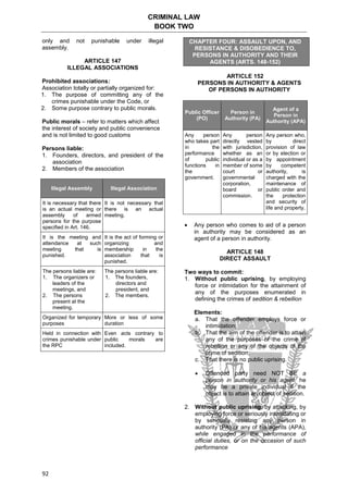 CRIMINAL LAW
BOOK TWO
92
only and not punishable under illegal
assembly.
ARTICLE 147
ILLEGAL ASSOCIATIONS
Prohibited associations:
Association totally or partially organized for:
1. The purpose of committing any of the
crimes punishable under the Code, or
2. Some purpose contrary to public morals.
Public morals – refer to matters which affect
the interest of society and public convenience
and is not limited to good customs
Persons liable:
1. Founders, directors, and president of the
association
2. Members of the association
Illegal Assembly Illegal Association
It is necessary that there
is an actual meeting or
assembly of armed
persons for the purpose
specified in Art. 146.
It is not necessary that
there is an actual
meeting.
It is the meeting and
attendance at such
meeting that is
punished.
It is the act of forming or
organizing and
membership in the
association that is
punished.
The persons liable are:
1. The organizers or
leaders of the
meetings, and
2. The persons
present at the
meeting.
The persons liable are:
1. The founders,
directors and
president, and
2. The members.
Organized for temporary
purposes
More or less of some
duration
Held in connection with
crimes punishable under
the RPC
Even acts contrary to
public morals are
included.
CHAPTER FOUR: ASSAULT UPON, AND
RESISTANCE & DISOBEDIENCE TO,
PERSONS IN AUTHORITY AND THEIR
AGENTS (ARTS. 148-152)
ARTICLE 152
PERSONS IN AUTHORITY & AGENTS
OF PERSONS IN AUTHORITY
Public Officer
(PO)
Person in
Authority (PA)
Agent of a
Person in
Authority (APA)
Any person
who takes part
in the
performance
of public
functions in
the
government.
Any person
directly vested
with jurisdiction,
whether as an
individual or as a
member of some
court or
governmental
corporation,
board or
commission.
Any person who,
by direct
provision of law
or by election or
by appointment
by competent
authority, is
charged with the
maintenance of
public order and
the protection
and security of
life and property.
 Any person who comes to aid of a person
in authority may be considered as an
agent of a person in authority.
ARTICLE 148
DIRECT ASSAULT
Two ways to commit:
1. Without public uprising, by employing
force or intimidation for the attainment of
any of the purposes enumerated in
defining the crimes of sedition & rebellion
Elements:
a. That the offender employs force or
intimidation;
b. That the aim of the offender is to attain
any of the purposes of the crime of
rebellion or any of the objects of the
crime of sedition;
c. That there is no public uprising.
 Offended party need NOT BE a
person in authority or his agent, he
may be a private individual if the
object is to attain an object of sedition.
2. Without public uprising, by attacking, by
employing force or seriously intimidating or
by seriously resisting any person in
authority (PA) or any of his agents (APA),
while engaged in the performance of
official duties, or on the occasion of such
performance
 