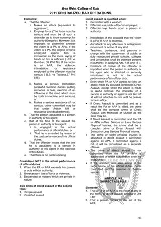 San Beda College of Law
2011 CENTRALIZED BAR OPERATIONS
93
Elements:
a. That the offender:
i. Makes an attack (equivalent to
aggression),
ii. Employs force (The force must be
serious and must be of such a
character as to show contempt for
authority (Gregorio). However, it is
important to determine whether
the victim is a PA or APA. If the
victim is a PA, the degree of force
employed against him is
immaterial as the mere laying of
hands on him is sufficient ( U.S. vs
Gumban, 39 Phil 76). If the victim
is an APA, the violence,
intimidation, or resistance
employed by the offender must be
serious ( U.S. vs Tabiana,37 Phil
515).
iii. Makes a serious intimidation
(unlawful coercion, duress, putting
someone in fear, exertion of an
influence in the mind which must
be both immediate and serious),
or
iv. Makes a serious resistance (if not
serious, crime committed may be
that under Article 151 or
resistance and disobedience);
b. That the person assaulted is a person
in authority or his agent;
c. That at the time of the assault the
person in authority or his agent:
i. Is engaged in the actual
performance of official duties, or
ii. That he is assaulted by reason of
the past performance of his official
duties;
d. That the offender knows that the one
he is assaulting is a person in
authority or his agent in the exercise
of his duties;
e. That there is no public uprising.
Considered NOT in the actual performance
of official duties:
1. When the PA or APA exceeds his powers
or acts without authority;
2. Unnecessary use of force or violence;
3. Descended to matters which are private in
nature.
Two kinds of direct assault of the second
form:
1. Simple assault
2. Qualified assault
Direct assault is qualified when:
1. Committed with a weapon;
2. Offender is a public officer or employee;
3. Offender lays hands upon a person in
authority.
 Knowledge of the accused that the victim
is a PA or APA is essential.
 An “attack” is any offensive or antagonistic
movement or action of any kind.
 Teachers, professors, and persons in
charge with the supervision of public or
duly recognized private schools, colleges
and universities shall be deemed persons
in authority, in applying Arts. 148 and 151.
 Evidence of motive of the offender is
important when the person in authority or
his agent who is attacked or seriously
intimidated is not in the actual
performance of his official duty.
 Even when PA or APA agrees to fight, an
attack made by accused constitutes Direct
Assault, except when the attack is made
in lawful defense; the character of a
person in authority or agent is not laid off
at will but attaches to him until he ceases
to be in office.
 If Direct Assault is committed and as a
result the PA or APA is killed, the crime
shall be the complex crime of Direct
Assault with Homicide or Murder as the
case may be.
 If Direct Assault is committed and the PA
or APA suffers Serious or Less Serious
Physical Injuries, the crime shall be a
complex crime or Direct Assault with
Serious or Less Serious Physical Injuries.
 The crime of slight physical injuries is
absorbed in direct assault if committed
against an APA. If committed against a
PA, it will be considered as a separate
offense.
 The crime of direct assault is not
committed when the PA or APA is
suspended or under suspension when he
is attacked.
 If the accused was also acting in the
performance of his official duties, crime
committed may be coercion or physical
injuries.
ARTICLE 149
INDIRECT ASSAULT
Elements:
1. That a PA or an APA is the victim of any of
the forms of direct assault defined in Art.
148;
2. That a person comes to the aid of the
APA;
 