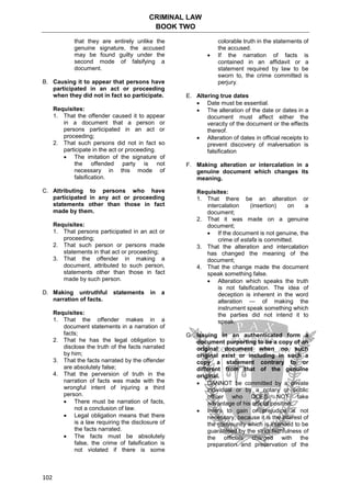 CRIMINAL LAW
BOOK TWO
102
that they are entirely unlike the
genuine signature, the accused
may be found guilty under the
second mode of falsifying a
document.
B. Causing it to appear that persons have
participated in an act or proceeding
when they did not in fact so participate.
Requisites:
1. That the offender caused it to appear
in a document that a person or
persons participated in an act or
proceeding;
2. That such persons did not in fact so
participate in the act or proceeding.
 The imitation of the signature of
the offended party is not
necessary in this mode of
falsification.
C. Attributing to persons who have
participated in any act or proceeding
statements other than those in fact
made by them.
Requisites:
1. That persons participated in an act or
proceeding;
2. That such person or persons made
statements in that act or proceeding;
3. That the offender in making a
document, attributed to such person,
statements other than those in fact
made by such person.
D. Making untruthful statements in a
narration of facts.
Requisites:
1. That the offender makes in a
document statements in a narration of
facts;
2. That he has the legal obligation to
disclose the truth of the facts narrated
by him;
3. That the facts narrated by the offender
are absolutely false;
4. That the perversion of truth in the
narration of facts was made with the
wrongful intent of injuring a third
person.
 There must be narration of facts,
not a conclusion of law.
 Legal obligation means that there
is a law requiring the disclosure of
the facts narrated.
 The facts must be absolutely
false, the crime of falsification is
not violated if there is some
colorable truth in the statements of
the accused.
 If the narration of facts is
contained in an affidavit or a
statement required by law to be
sworn to, the crime committed is
perjury.
E. Altering true dates
 Date must be essential.
 The alteration of the date or dates in a
document must affect either the
veracity of the document or the effects
thereof.
 Alteration of dates in official receipts to
prevent discovery of malversation is
falsification
F. Making alteration or intercalation in a
genuine document which changes its
meaning.
Requisites:
1. That there be an alteration or
intercalation (insertion) on a
document;
2. That it was made on a genuine
document;
 If the document is not genuine, the
crime of estafa is committed.
3. That the alteration and intercalation
has changed the meaning of the
document;
4. That the change made the document
speak something false.
 Alteration which speaks the truth
is not falsification. The idea of
deception is inherent in the word
alteration — of making the
instrument speak something which
the parties did not intend it to
speak.
G. Issuing in an authenticated form a
document purporting to be a copy of an
original document when no such
original exist or including in such a
copy a statement contrary to or
different from that of the genuine
original.
 CANNOT be committed by a private
individual or by a notary or public
officer who DOES NOT take
advantage of his official position.
 Intent to gain or prejudice is not
necessary, because it is the interest of
the community which is intended to be
guaranteed by the strict faithfulness of
the officials charged with the
preparation and preservation of the
 