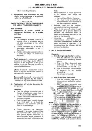 San Beda College of Law
2011 CENTRALIZED BAR OPERATIONS
103
acts in which they intervene.
H. Intercalating any instrument or note
relative to the issuance in a protocol,
registry or official book.
ARTICLE 172
FALSIFICATION BY PRIVATE INDIVIDUALS
AND USE OF FALSIFIED DOCUMENTS
Acts punished:
1. Falsification of public, official or
commercial document by a private
individual
Elements:
a. The offender is a private individual or
a public officer or employee who did
not take advantage of his official
position;
b. That he committed any of the acts of
falsification enumerated in Art.171
(Pars.1-6);
c. That the falsification was committed in
a public or official or commercial
document.
Public document – a document created,
executed or issued by a public official in
response to the exigencies of the public
service, or in the execution of which a
public official intervened
Official document – a document which is
issued by a public official in the exercise of
the functions of his office
Commercial document – any document
defined and regulated by the Code of
Commerce or any other commercial laws
2. Falsification of private document by
any person;
Elements:
a. That the offender committed any of
the acts of falsification except those in
par. 7, enumerated in Art.171;
b. That the falsification was committed in
a private document;
c. That the falsification caused damage
to a third party or at least the
falsification was committed with the
intent to cause damage.
 Private document or instrument
executed by a private person without
the intervention of a notary public or
other person legally authorized, by
which document some disposition or
agreement is proved, evidenced or set
forth.
 Mere falsification of private document
is not enough. Two things are
required:
i. He must have falsified the same;
ii. He must have performed an
independent act which operates to
the prejudice of third persons.
 Damage need not be material,
damage to one’s honor is included.
 There is no crime of estafa through
falsification of a private document
because the immediate effect of
falsification of private document is the
same as that of estafa.
 Generally, falsification is
consummated when the genuine
document is altered or the moment the
false document is executed. It is
immaterial that the offender did not
achieve his objective.
3. Use of falsified documents.
Elements:
a. Introducing in a judicial proceeding
i. That the offender knew that the
document was falsified by another
person;
ii. That the false document was
embraced in Art. 171 or in any
subdivision No.1 or 2 of Art. 172;
iii. That he introduced said document
in evidence in any judicial
proceeding.
 No damage is required.
b. Use in any other transaction
i. That the offender knew that the
document was falsified by another
person;
ii. That the false document was
embraced in Art. 171 or in any of
subdivision No. 1 or 2 of Art. 172;
iii. That he used such document (not
in judicial proceeding);
iv. That the use of the false
document caused damage to
another or at least it was used
with intent to cause damage.
Notes:
 If a person knowingly offers in evidence a
FALSE WITNESS OR TESTIMONY,
Article 184 should apply.
 If a person makes, presents or uses any
record, document, paper or object with
knowledge of its falsity and with intent to
affect the course or outcome of the
investigation of, or official proceedings IN
CRIMINAL CASES, such person is liable
 